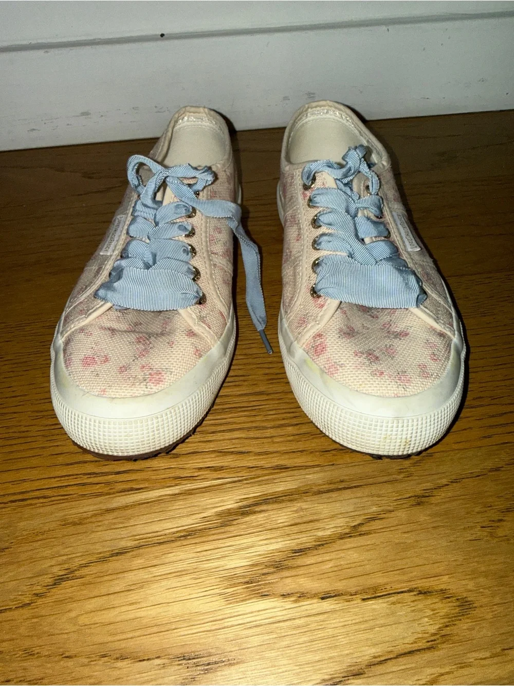 LoveShackFancy Cream and Pink Floral Low-Top Sneakers with Light Blue Laces